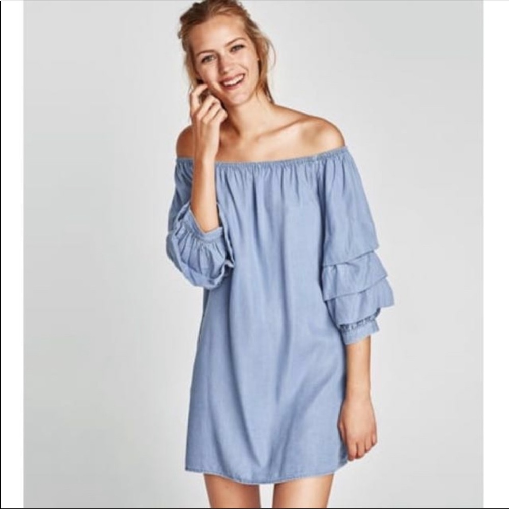 Zara blue chambray off the shoulder ruffle dress S